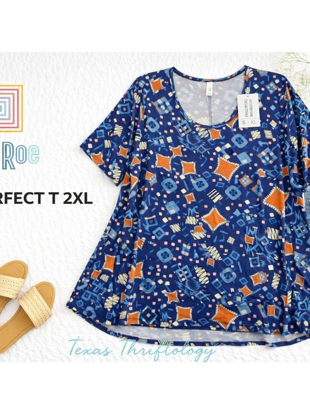 LuLaRoe Perfect T 2XL Geometric Print Blue Orange Relaxed Fit